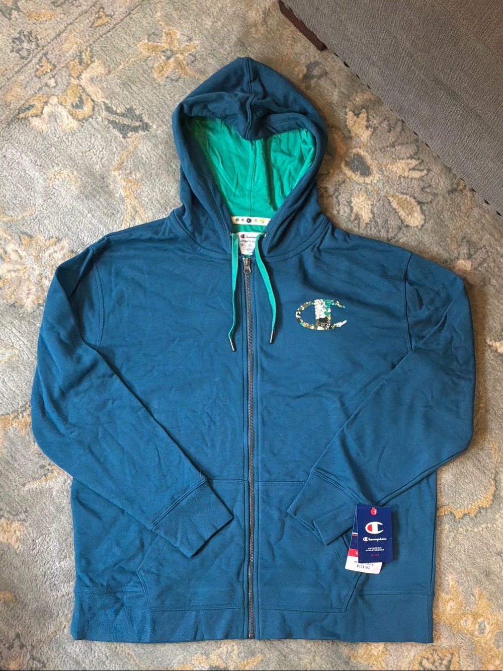 Champion Teal Zip Front Hoodie with Green Lined Hood